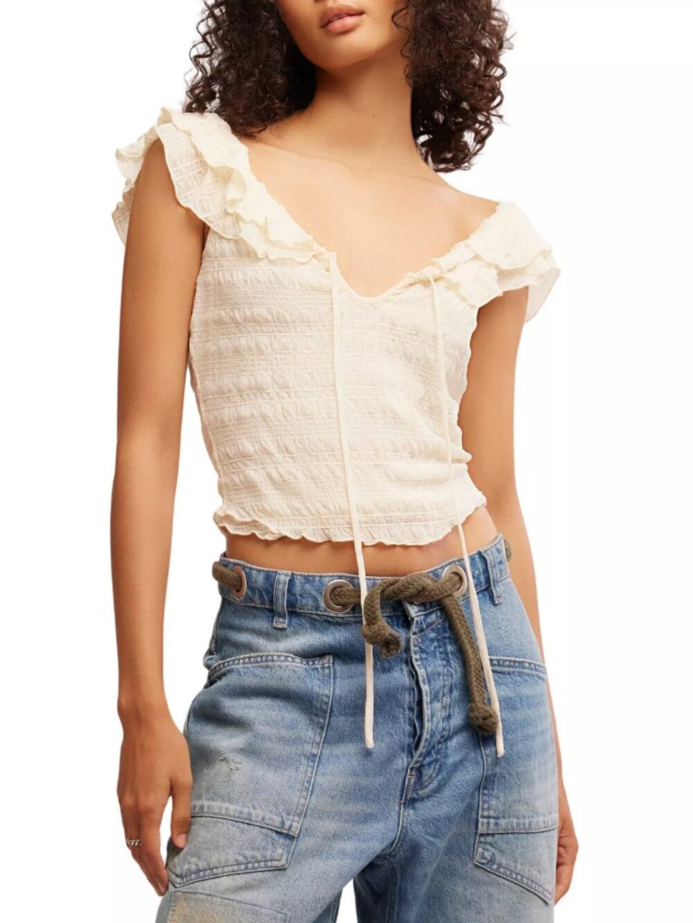 Free People Love You More Tee Ruffles Smocked Blouse S